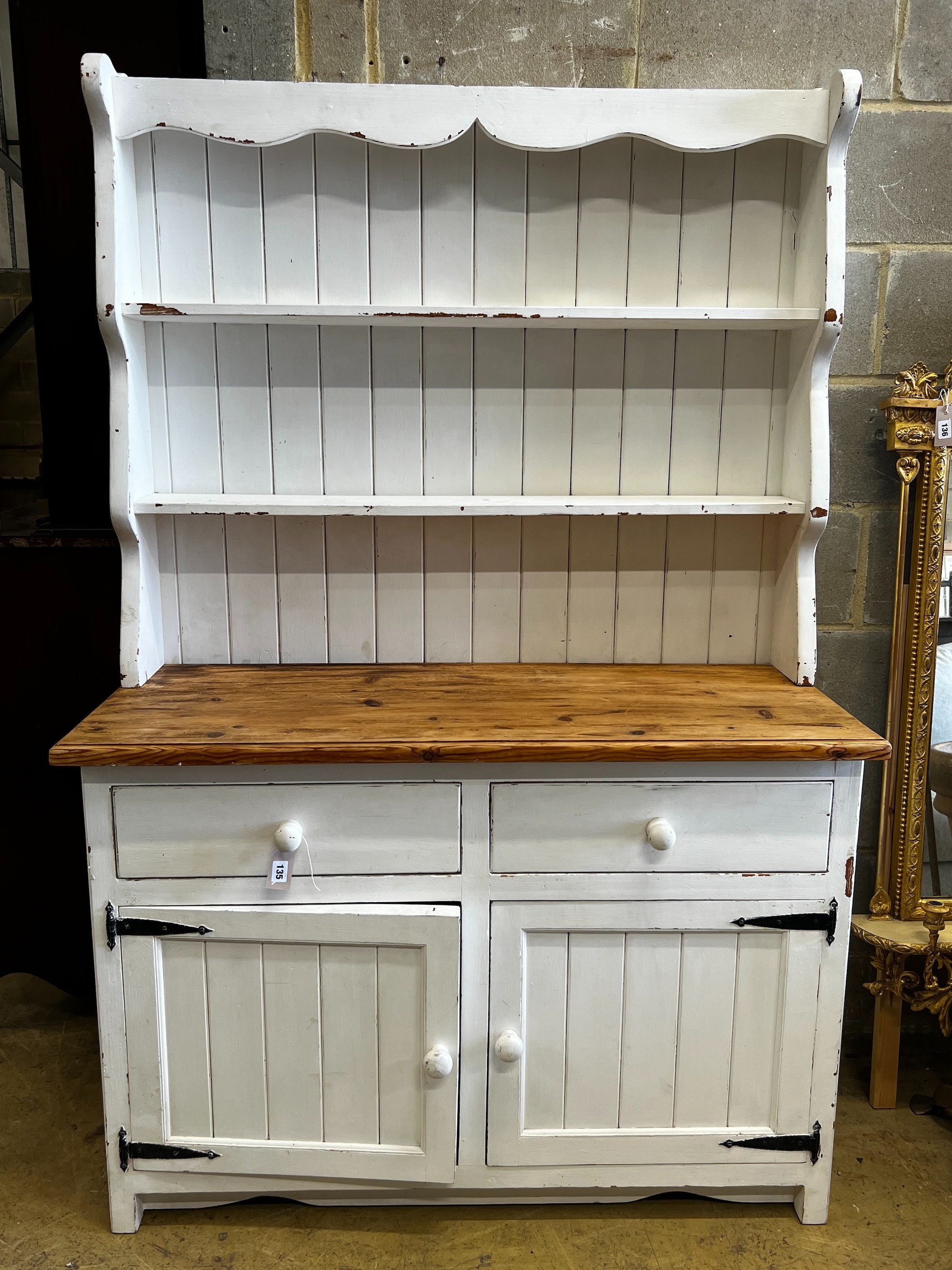 A Victorian style part painted pine dresser with boarded rack, width 122cm, depth 48cm, height 184cm